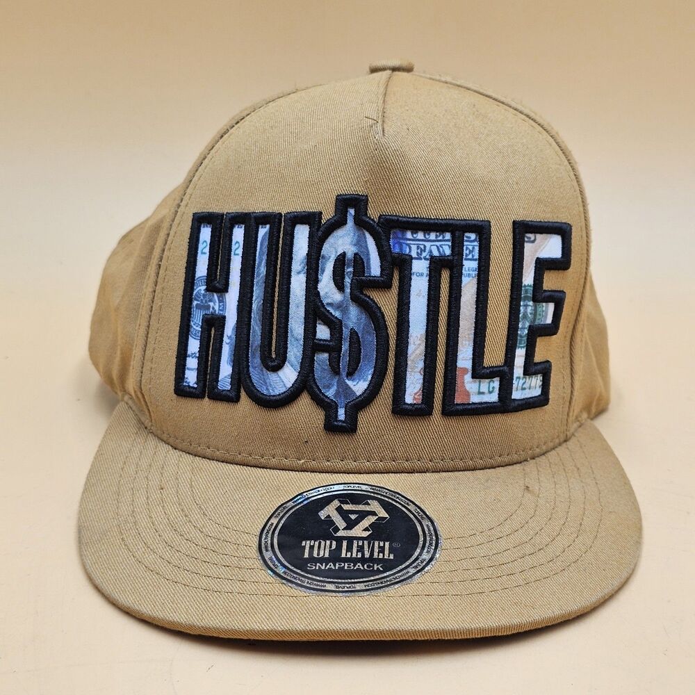 Top Level HUSTLE Money Sign Snapback Khaki/Tan Flatbill Hat
